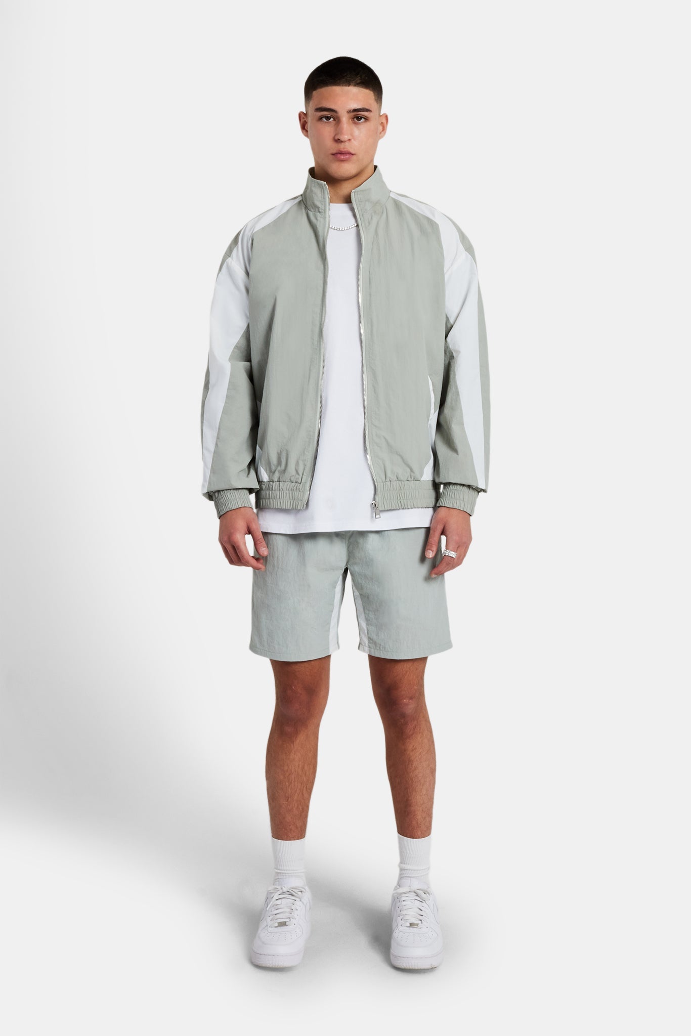 Nylon Panelled Track Jacket & Short Set - Light Grey